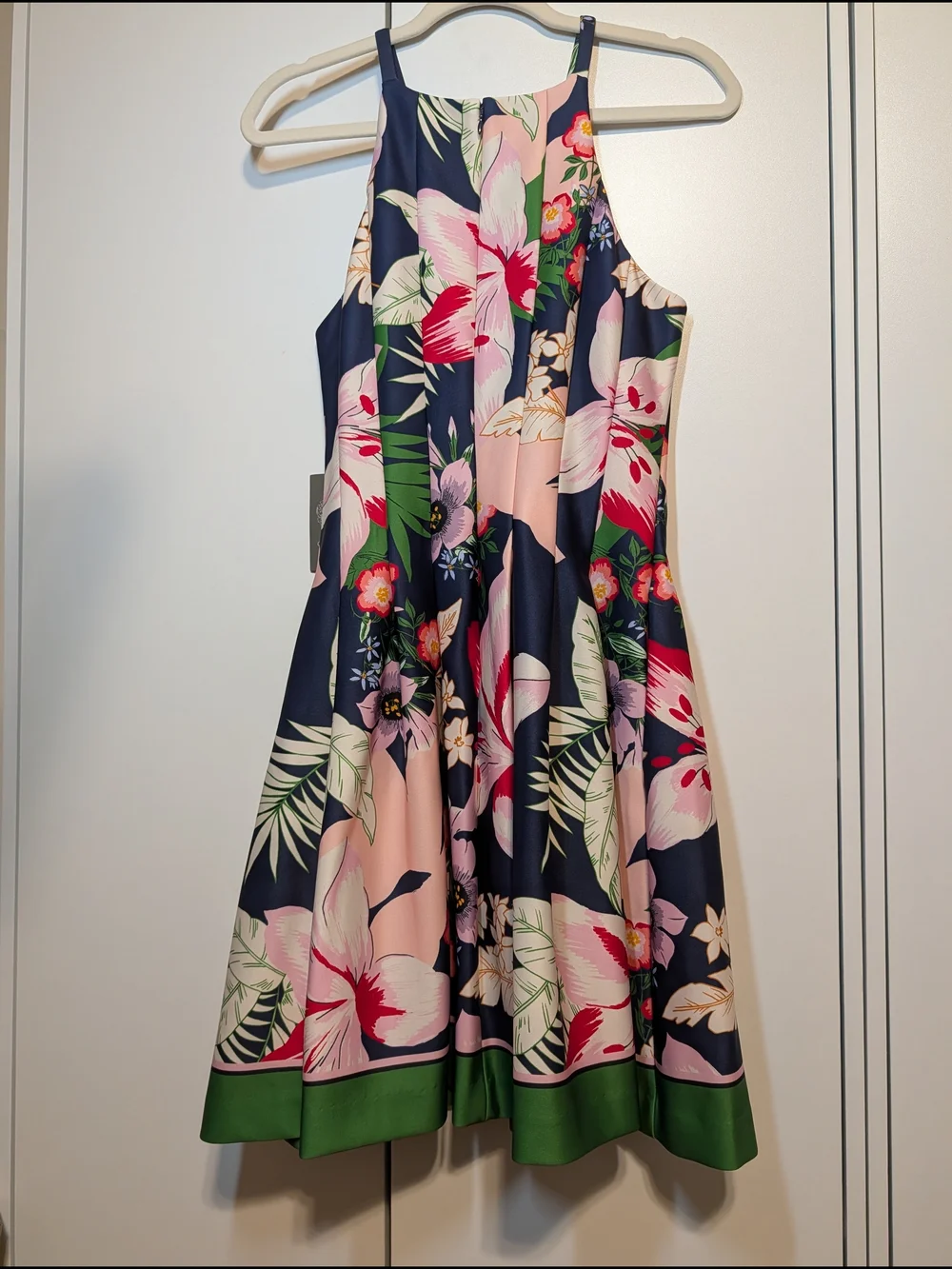 Vince Camuto Navy Floral Halter Midi Dress with Green Trim - Picture 3 of 9